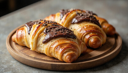 Freshly Baked Pain au Chocolat on Wooden Board with Chocolate Drizzle in Soft Daylight, Minimalistic Style