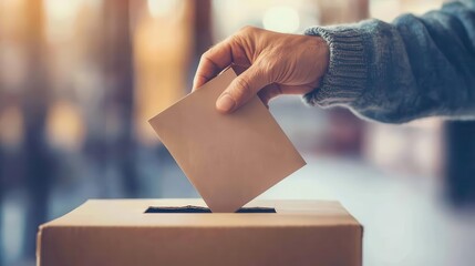 A hand placing a ballot into a voting box, symbolizing participation in an election.