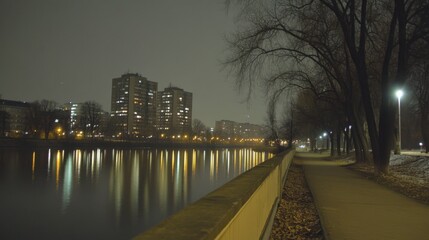 Fototapeta premium Serene Nightscape of City Reflections and Calm Urban Riverbank