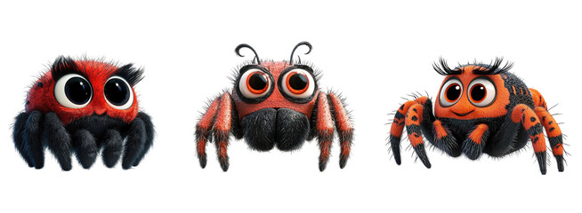 Cute cartoon spiders, bright colors, large eyes, fluffy texture Isolated on white background or PNG