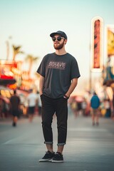 Young Man in Casual Outfit Posing on Vibrant Street in Summer
