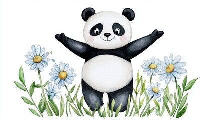 Obraz premium Cheerful Panda Bear Embracing Daisies in Spring Landscape