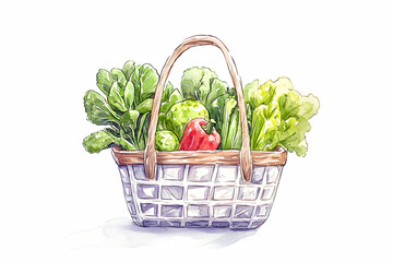 Freshly Harvested Vegetables in a Woven Basket with Colorful Greens and Red Pepper