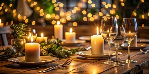 Candlelit dinner setup, candles, table setting, dinner, romantic, evening, intimacy, warmth, lighting, ambiance