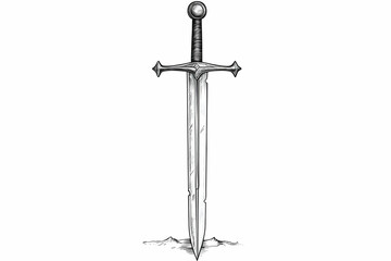 Detailed Illustration of a Medieval Sword with Intricate Design and Vertical Orientation on a Plain Background