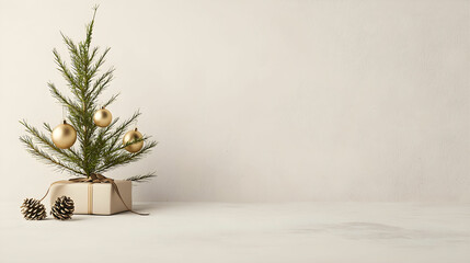 Fototapeta premium Minimalist Christmas tree with gold ornaments and pine cones on neutral background, perfect for holiday decoration or card design