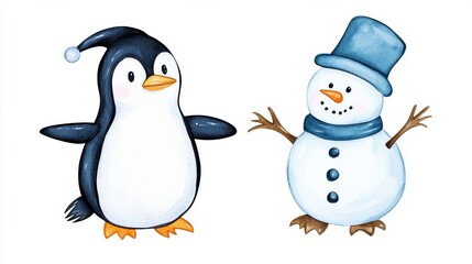 Naklejka premium Cute Penguin and Snowman Cartoon Characters Celebrating Winter Holiday