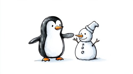 Fototapeta premium Cute Penguin and Snowman Friends Playing in Winter Wonderland