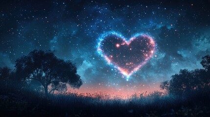 Obraz premium Celestial Heart Over Nighttime Meadow Landscape