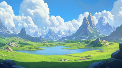 Obraz premium Serene Mountain Landscape with Lush Green Meadows and Clear Blue Sky