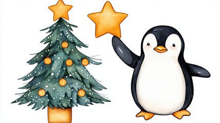 Fototapeta premium Cheerful Penguin Decorating Festive Christmas Tree with Colorful Ornaments