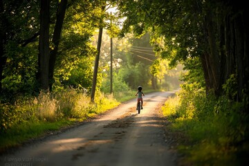 Child riding a bicycle down a country road.