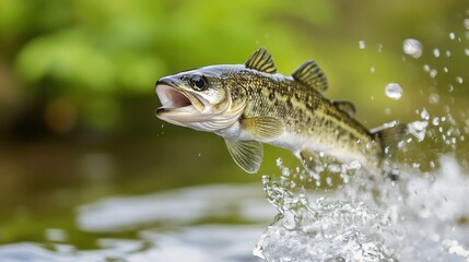 Largemouth Bass Jumping Out of Clear Water with Splash and Natural Background