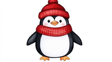Fototapeta premium Cute Cartoon Penguin in Festive Winter Outfit with Hat and Scarf