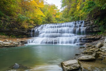 Obraz premium Vertical composition of waterfall with rainbow mist, dynamic lighting, long exposure nature photography