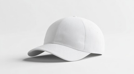 Fototapeta premium This is a product image of a white baseball cap. The hat is centered and has a smooth, curved brim. The background is a plain white.