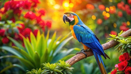 Fototapeta premium Blue and yellow macaw perched on a branch in front of a vibrant tropical background with lush green leaves and colorful flowers
