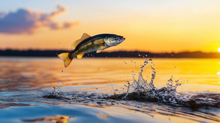 Fototapeta premium Fish leaping out of water at sunset with golden sky and rippling waves