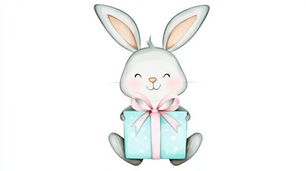 Obraz premium Cute Smiling Rabbit Sitting with Gift Box Bow Cartoon Character