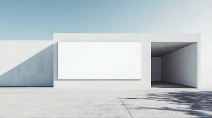 This image shows an outdoor building with a large, blank white sign. The building appears to be modern, and features a shadow creating depth