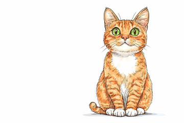 Fototapeta premium Cute and Playful Orange Cat with Green Eyes Sitting on a White Background, Perfect for Illustrations and Designs