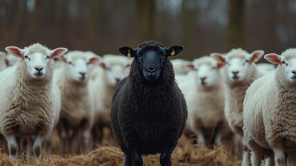 Fototapeta premium A black sheep stands in front of a group of white sheep