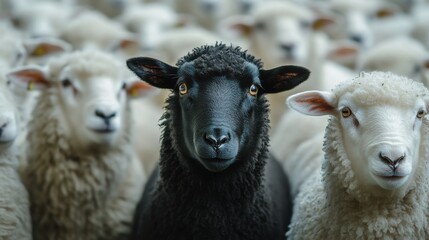 Fototapeta premium A black sheep stands between two white sheep