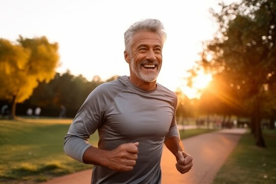 Portrait of a happy senior man jogging in park at sunset