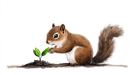 Obraz premium Curious Little Squirrel Feeding on Newly Sprouted Plant in Forest