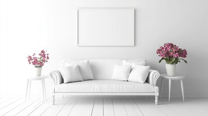 White living room with sofa, frame, flowers.