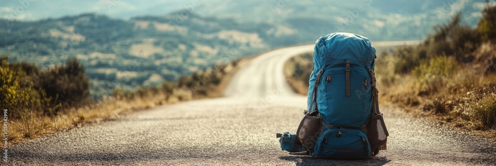 Poster travelers backpack resting on an open road with scenic hills in the background during golden hour li