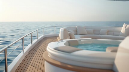 Fototapeta premium A luxurious yacht deck with a hot tub overlooking calm ocean waters at sunset.
