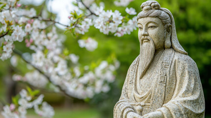 Tall Statue of Chinese God in Serene Garden Surrounded by Cherry Blossom Trees