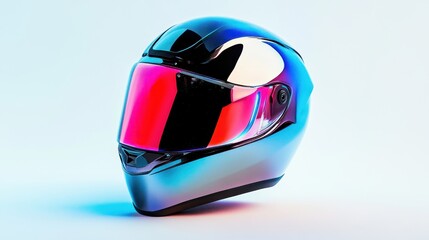 Futuristic motorcycle helmet with holographic visor, white backdrop, emphasizing cutting-edge technology and style --ar 16:9 --v 6.1 Job ID: d401bdf1-6622-41a1-a4c8-eabb5abc4e53