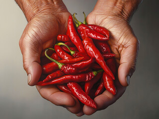 A pair of hands cradles vibrant red chili peppers, showcasing their glossy texture and fresh appearance.