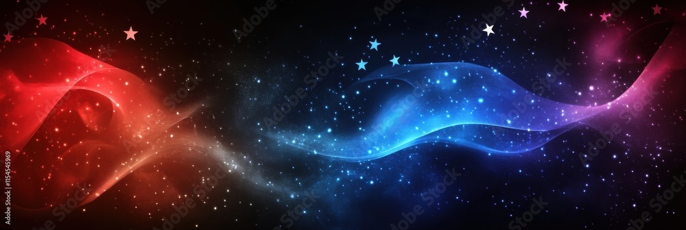 Poster Flowing fabric texture featuring the American flag with stars in space like background highlighting patriotic colors. Generative AI