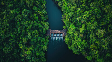 Fototapeta premium Tranquil River Flowing Through Lush Green Forest Surrounding Scenic Dam