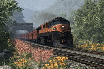 Obraz premium A train is traveling down the tracks with a bridge in the background