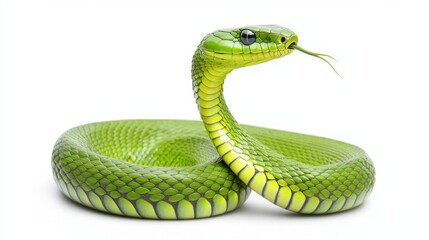 Obraz premium Green venomous snake coiled and ready to strike in natural habitat