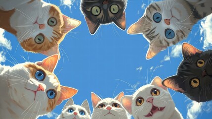 A group of cats are looking up at the sky, with one cat having a blue eye