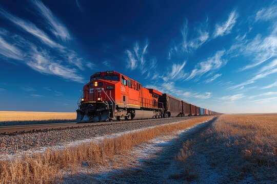 A red train is traveling down a track through a field