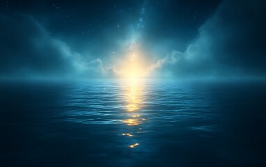 Night sea with bright light reflection.