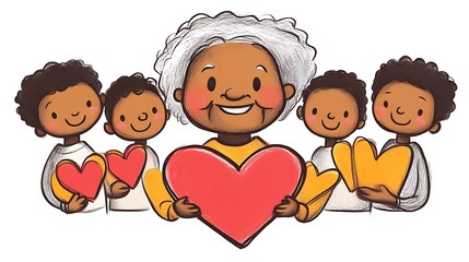 Happy grandmother with four grandsons holding hearts.