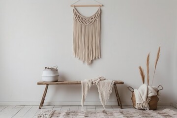 A minimalist interior featuring macramé wall art, a wooden bench, and cozy textiles.