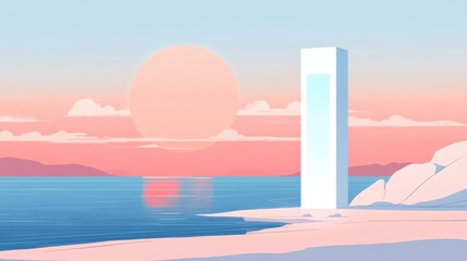 Serene Sunset Over Calm Water with Geometric Structure on Sandy Shoreline