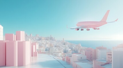 Pink airplane landing over pastel city.
