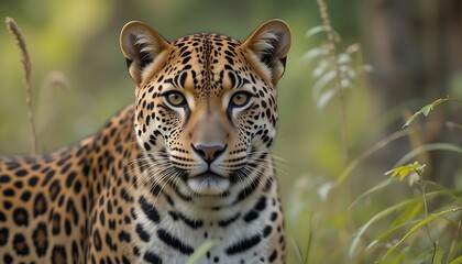 Obraz premium Majestic Leopard Gazing Intently in the Lush Green Wilderness