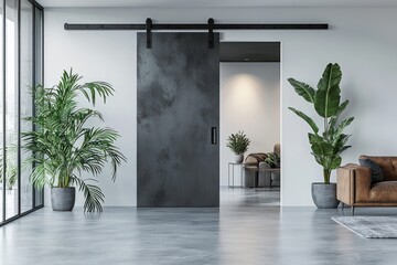 Contemporary barn door with a polished sliding track system, displayed on a clean white background, emphasizing the industrial yet Luxury .