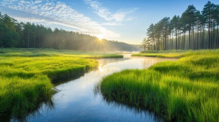 Serene Morning Landscape with Misty River and Sunlight Through Trees