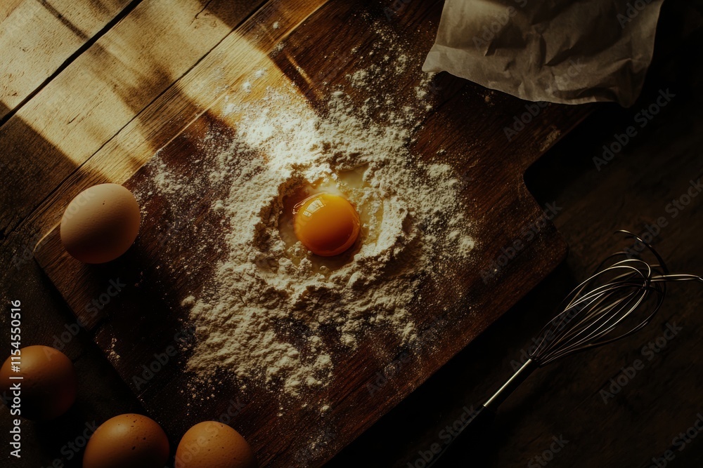 Poster top down view of a wooden board with flour and cracked egg showing the preparation of a baking proje